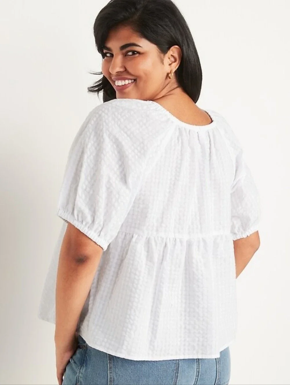 Old Navy Cotton White Puff-Sleeve Seersucker Babydoll Swing Blouse Plus Size 3x